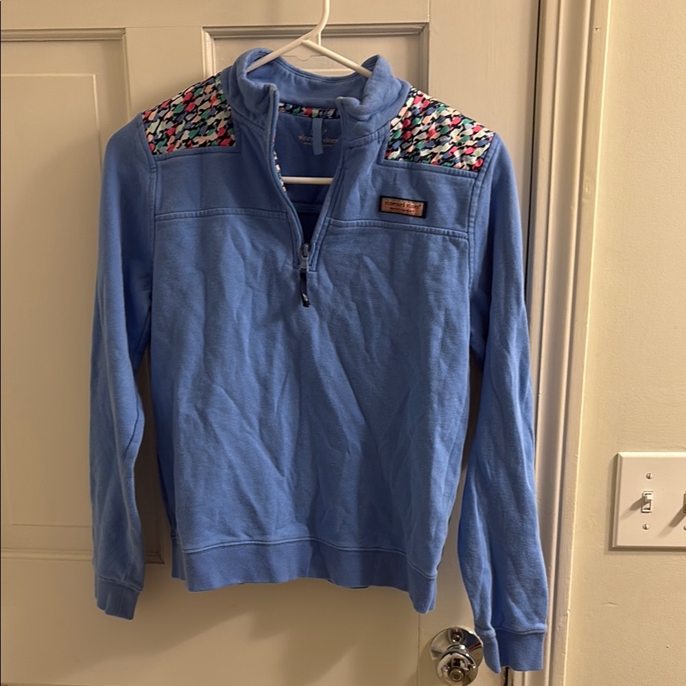 Blue Quarter-Zip Sweater with Patterned Shoulders
